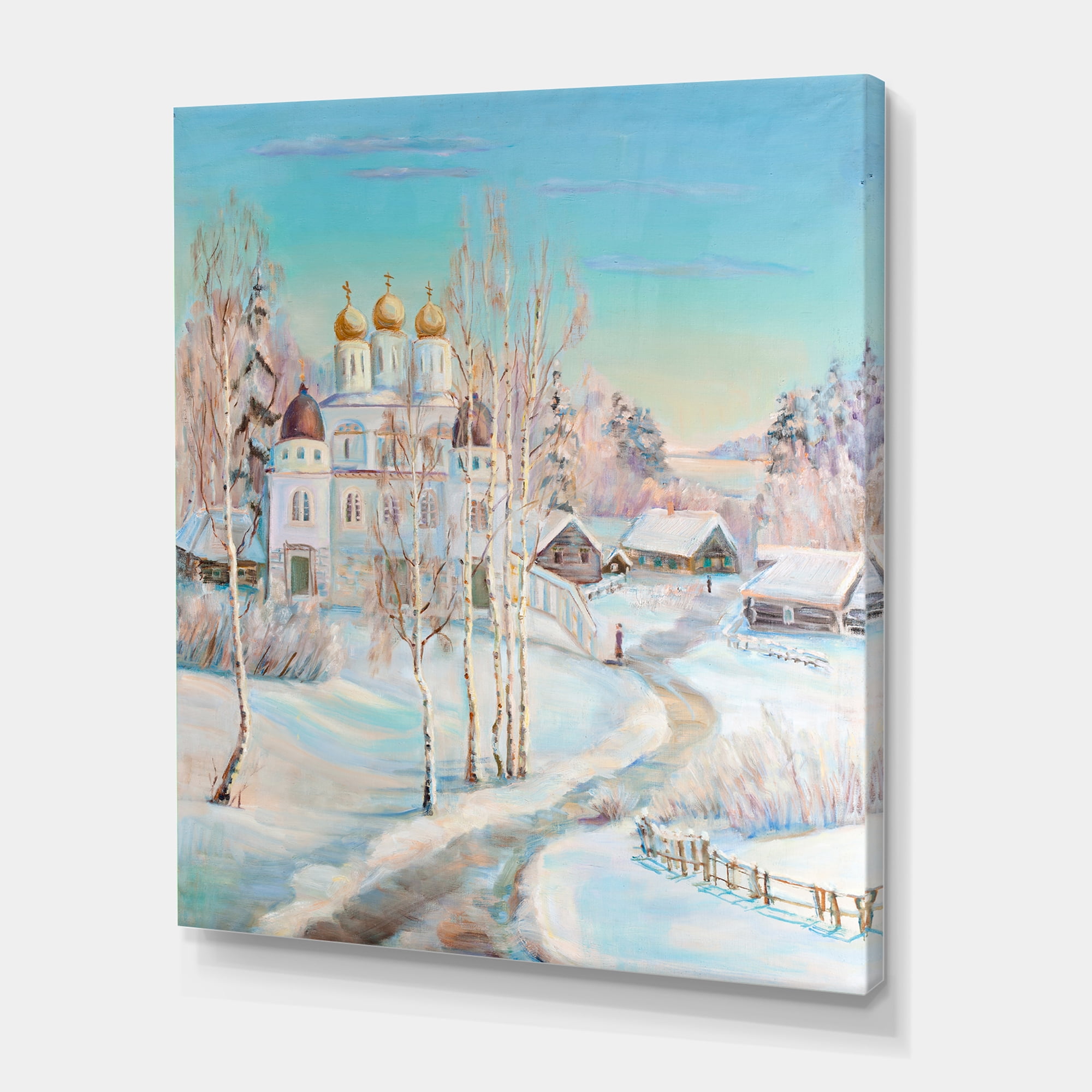 Temple Over Country Road In Winter Landscape 16 in x 32 in Painting Canvas Art Print, by Designart