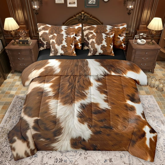 Homewish Retro Cattle Hide 7-Piece Twin Bedding Sets,Rustic Farmhouse Cabin Bedding Comforter Set,Beige Brown Sheet Sets For Girls Boys,Ultra Soft Home Decor Reversible