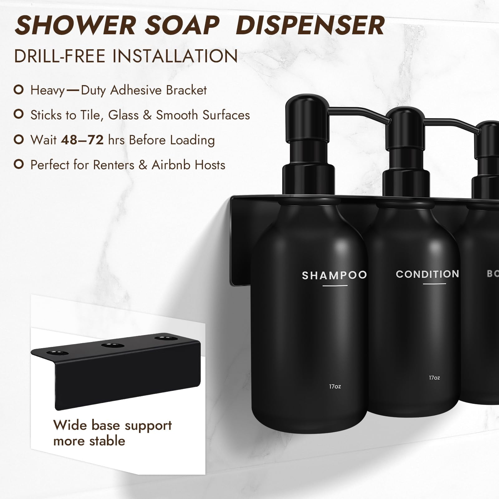 Shampoo and Conditioner Dispenser - Shower Soap Dispenser Wall Mounted - 17 fl oz Set of 3 Black Plastic Bottles with Plastic Pumps & No-Drill Adhesive Holders for Bathroom