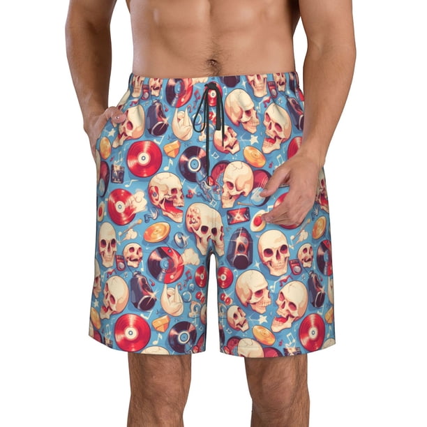 Fotbe music Skull record Retro Trajes de Baño Estampados para Hombre, Shorts de Verano de Secado Rápido, Ropa de Playa, Bañadores-Medium