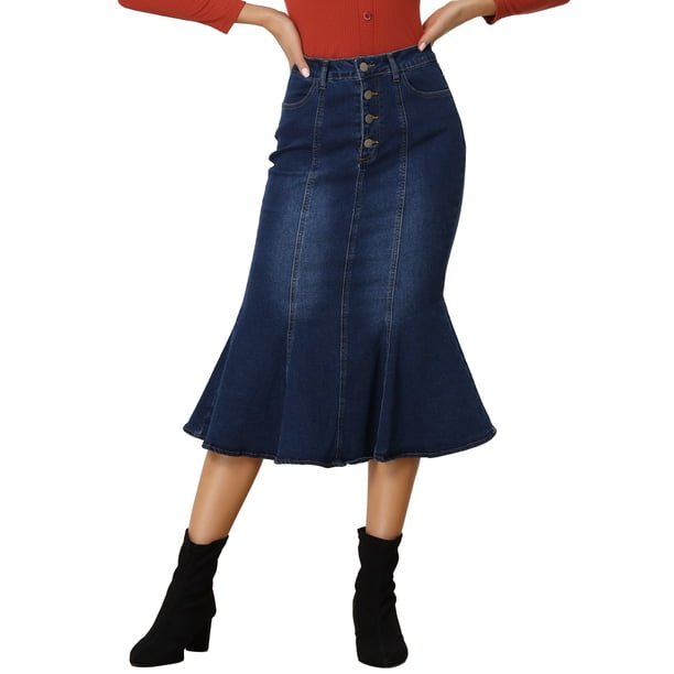 Falda de cola de pez para mujer INSPIRE CHIC, falda maxi de mezclilla desgastada, talla XS, azul oscuro