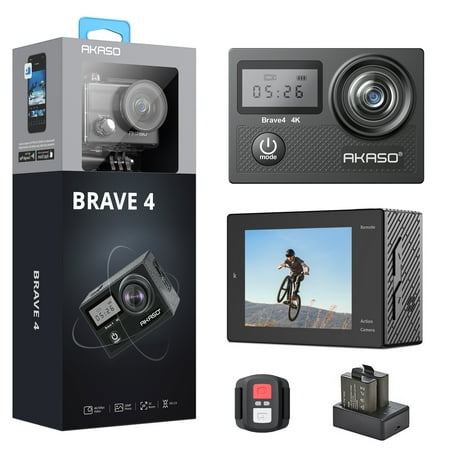 AKASO Brave 4 4K 20MP WiFi Action Camera, Ultra HD with EIS 30m Underwater Waterproof Camera Remote Control 5X Zoom Underwater Camcorder with 2 Batteries and Helmet Accessories Kit