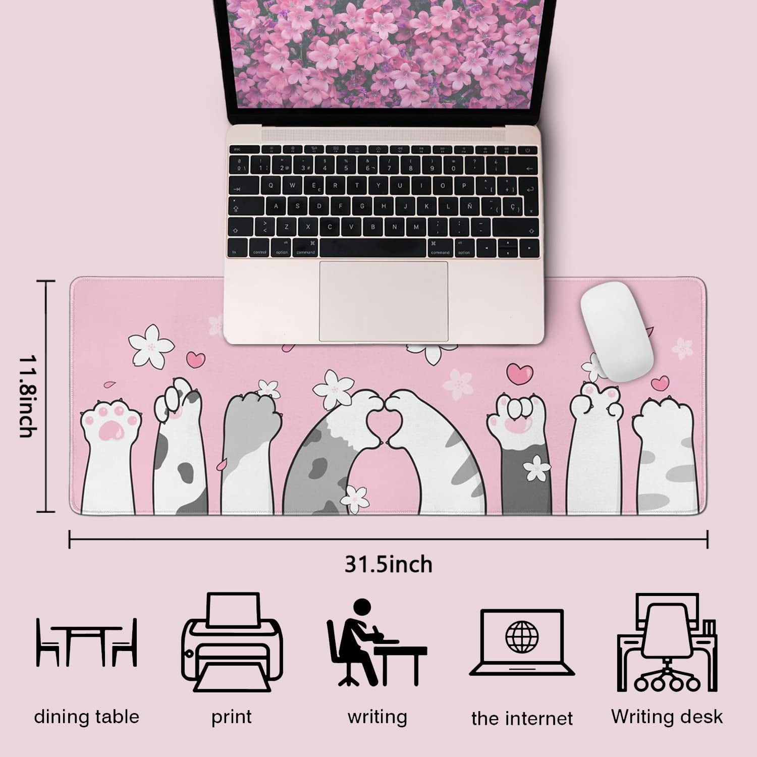 Cat Paw Gaming Mouse Pad for Desk, Extended Large Kawaii Cherry Blossom Mouse Pad, Pink Mousepad XL, Cute Sakura Mouse Pad Anime, Long Big Mouse Mat, Kawaii Decor Stuff Accessories, 31.5 X 11.8 Inch