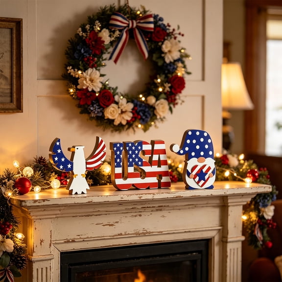 Miwamany 3 Pcs Patriotic Wooden Tabletop Decor Set, Red White and Blue 4th of July Centerpiece with American Flag Finish, Independence Day Standing Ornament for Mantel and Shelf