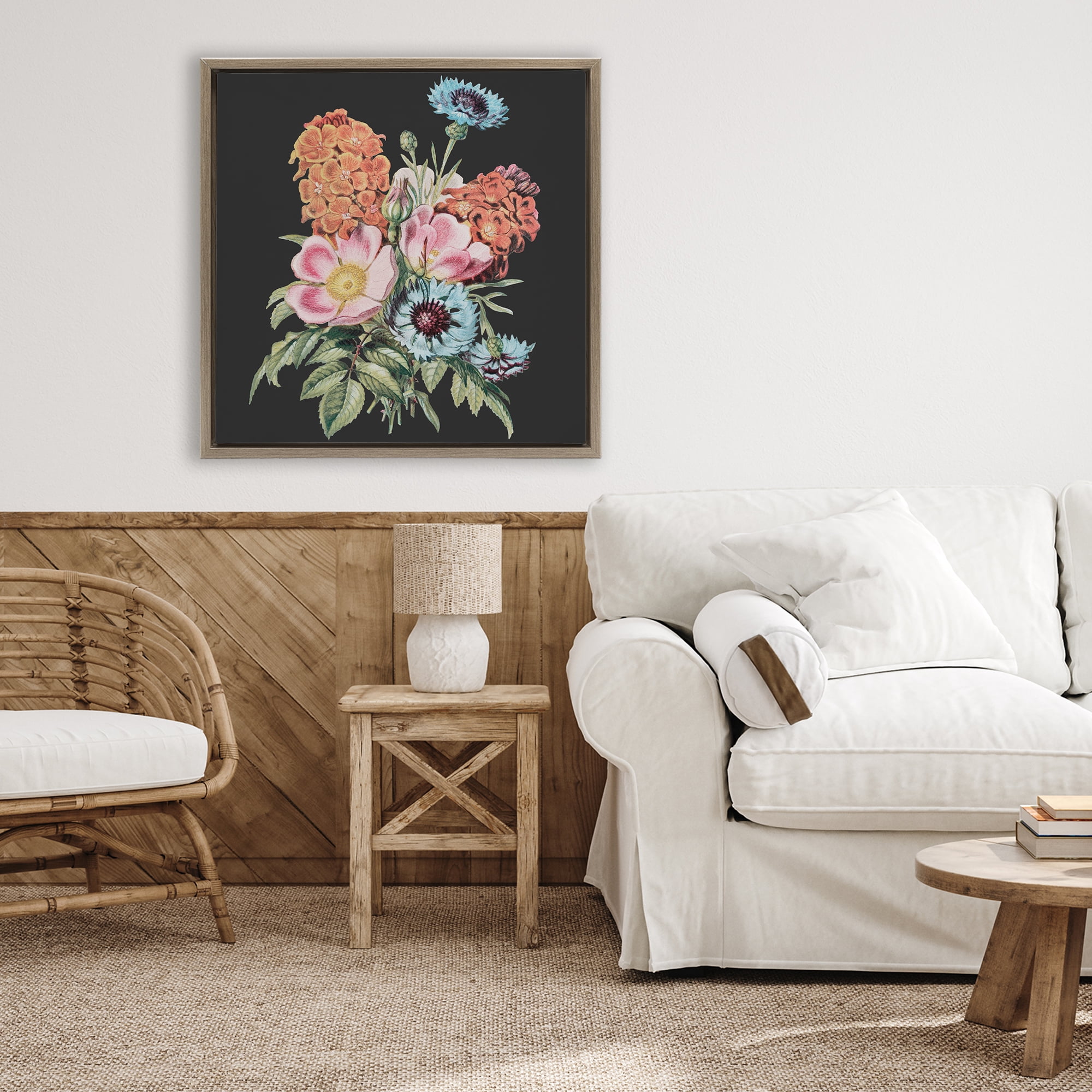 Stupell Industries Vintage Bouquet Study over Black Brown Framed Floater Canvas Wall Art, design by Dan Meneely
