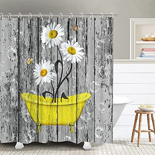 YOITEA Floral Shower Curtains, Rustic Shower Curtain, Daisy Shower Curtain,  Barnwood Farmhouse Country Summer Shower Curtain, Yellow Shower Curtain  with Hooks Waterproof Fabric 72W x 78H Inches 
