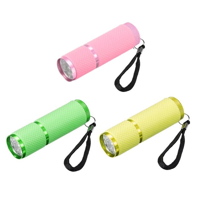 Linternas que brillan en la oscuridad Uxcell de 9 LED, 3 piezas de linterna mini recubierta de goma con correa (rosa, verde, amarillo)