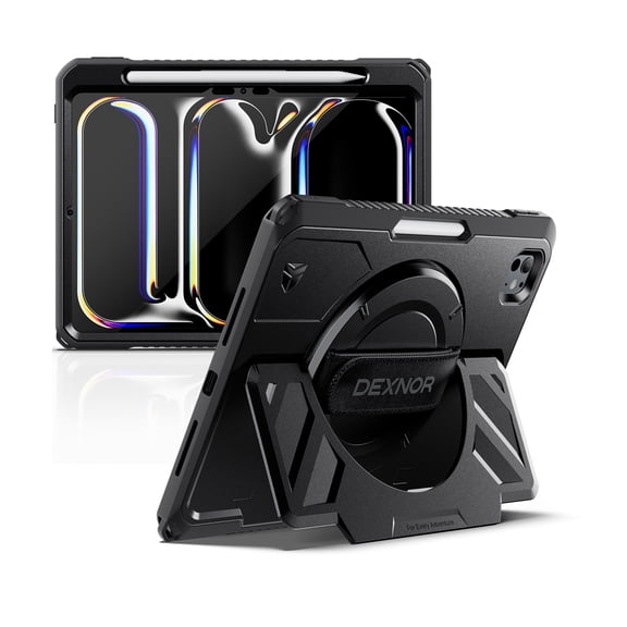 Dexnor for iPad Pro 11 inch Case 2024 (M4), Rugged Shockproof Protective Cover Full-Body Bumper Case with 360° Rotatable Hand Strap & Kickstand & Screen Protector & Pencil Holder, Black