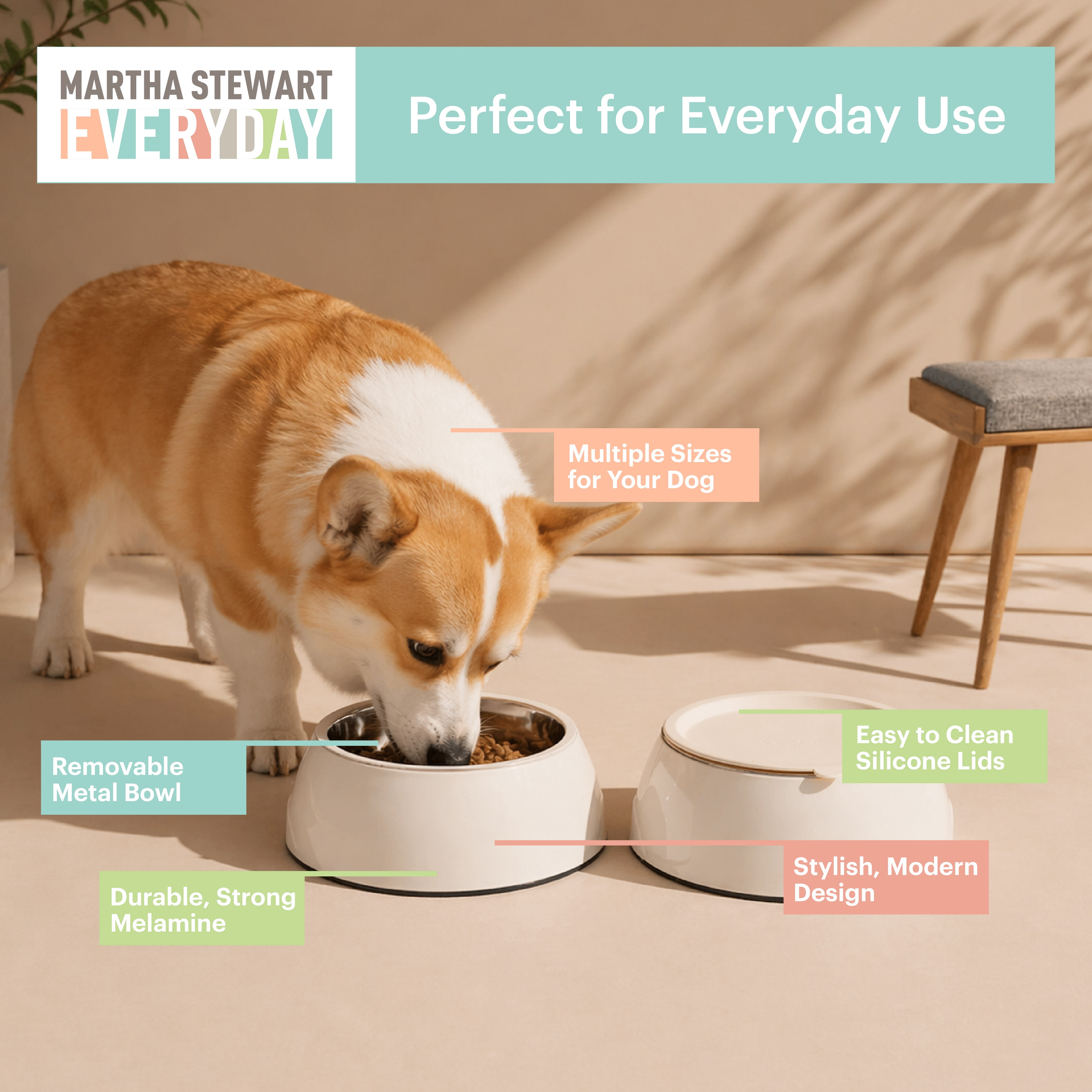 Martha Stewart 3-in-1 Melamine Dog Bowl Set with Lid for Large and Extra-Large Dogs, Cream