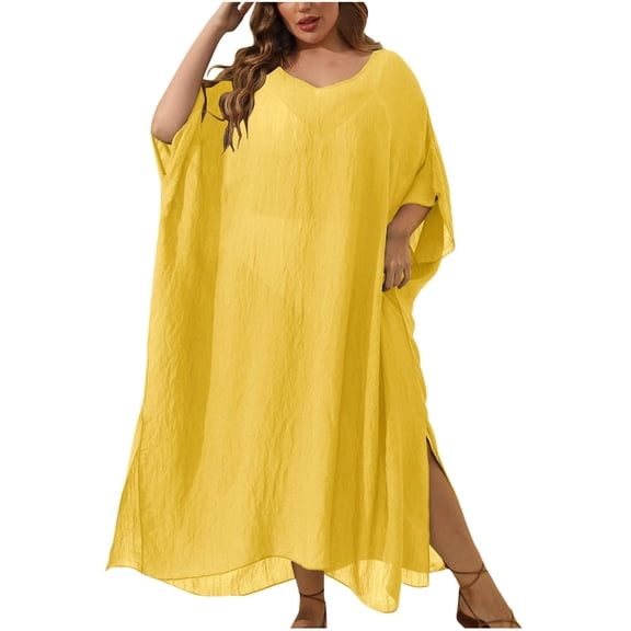 yillto Women Plus Size Coverups 3/4 Sleeve Lightweight Loose Long Dress Mesh Summer Beach Cover Up