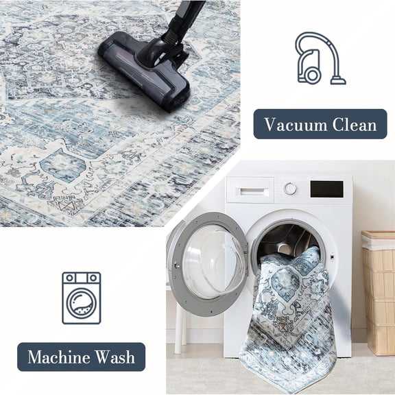 5Γ7, Vintage Boho Rug,Ultra-Soft Low Pile, Washable, Non Slip,Stain Resistant Printed Carpet for Living Room Bedrooms Playroom Office Kitchen, Light Blue