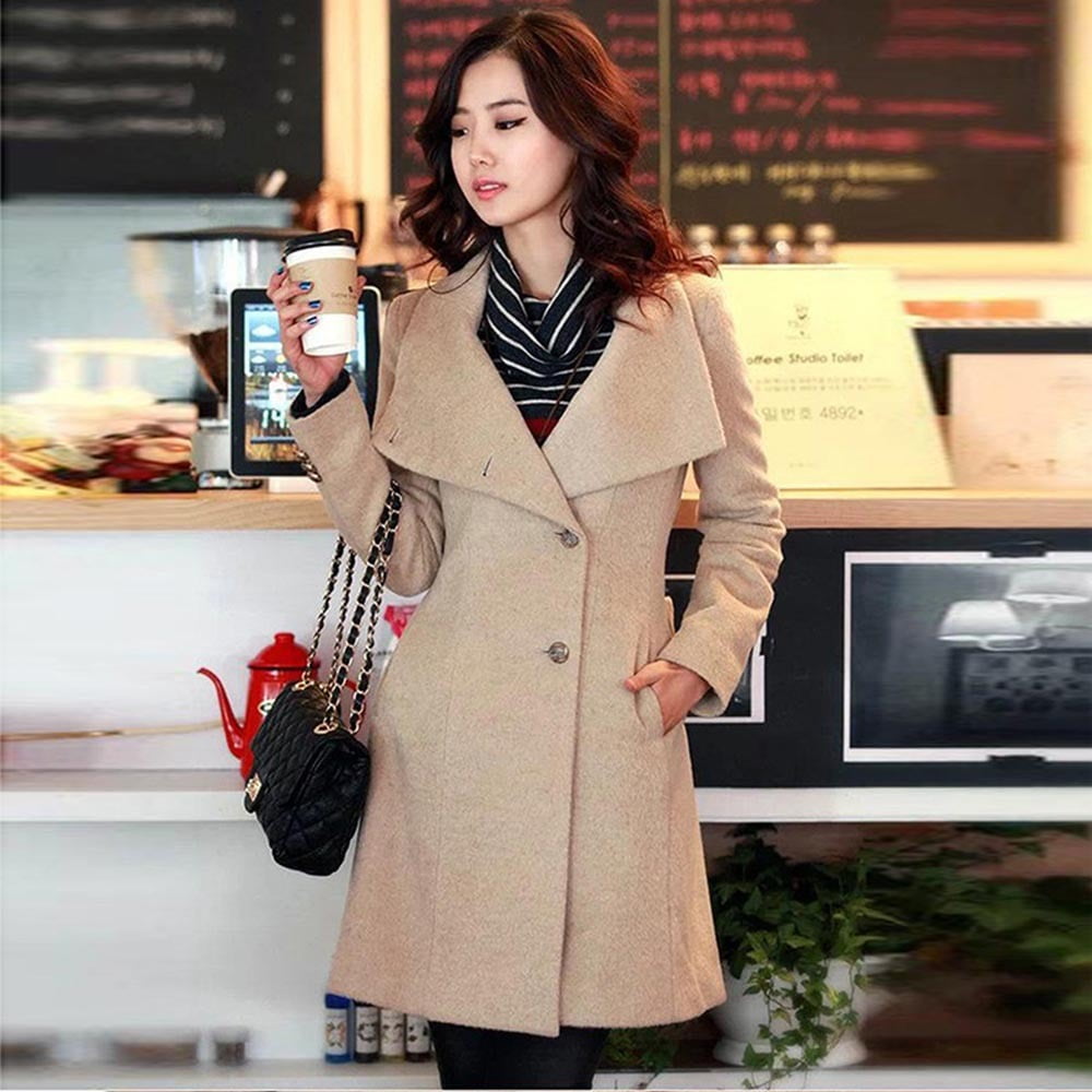 Winter Pea Coat Felt Long Jacket for Women Single Breasted Stand Collar ...