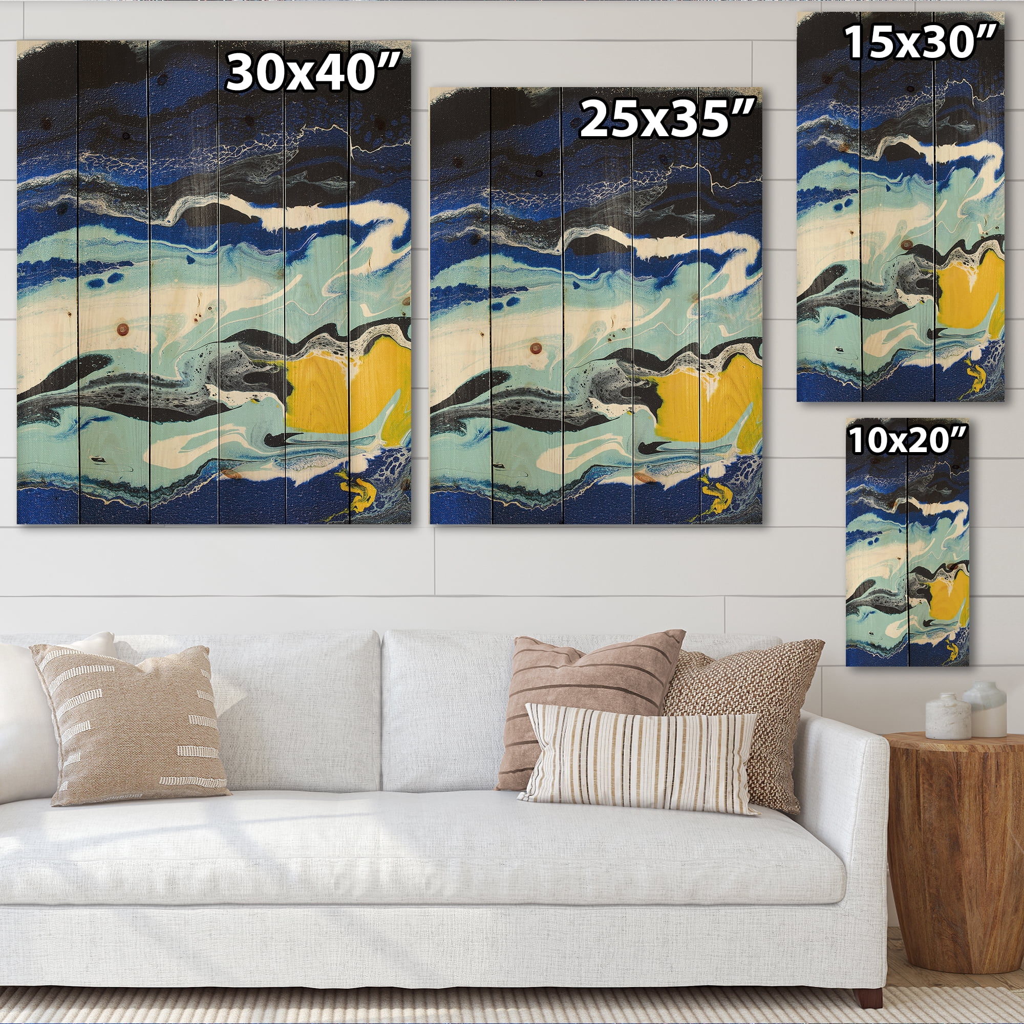Designart 'Abstract Composition In Blue and Yellow VIII' Modern Print on Natural Pine Wood