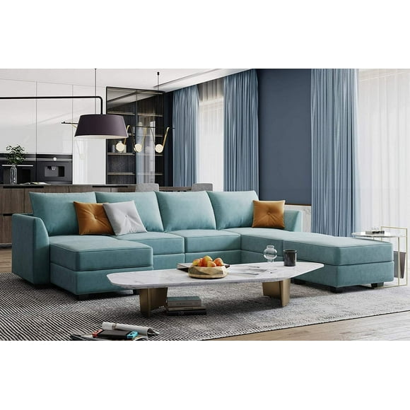 HONBAY Modular Sectional Couch U Shaped Convertible Sofa with Storage Seats, Aqua Blue
