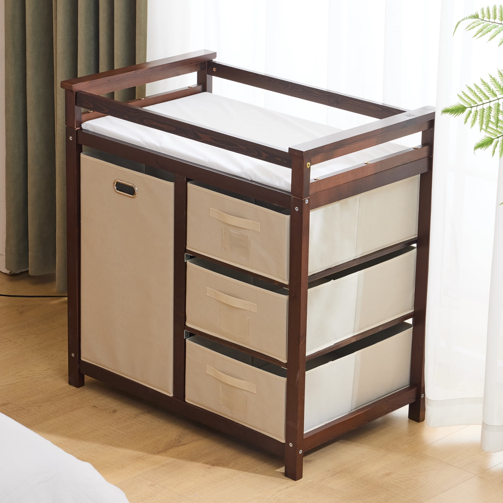 Zimtown Baby Changing Table,Dresser Baby Diaper Changing Station with Laundry Hamper,Infant Nursing Table with 3 Storage Drawers,Removable Safety Rail & Strap for Bedroom,Brown