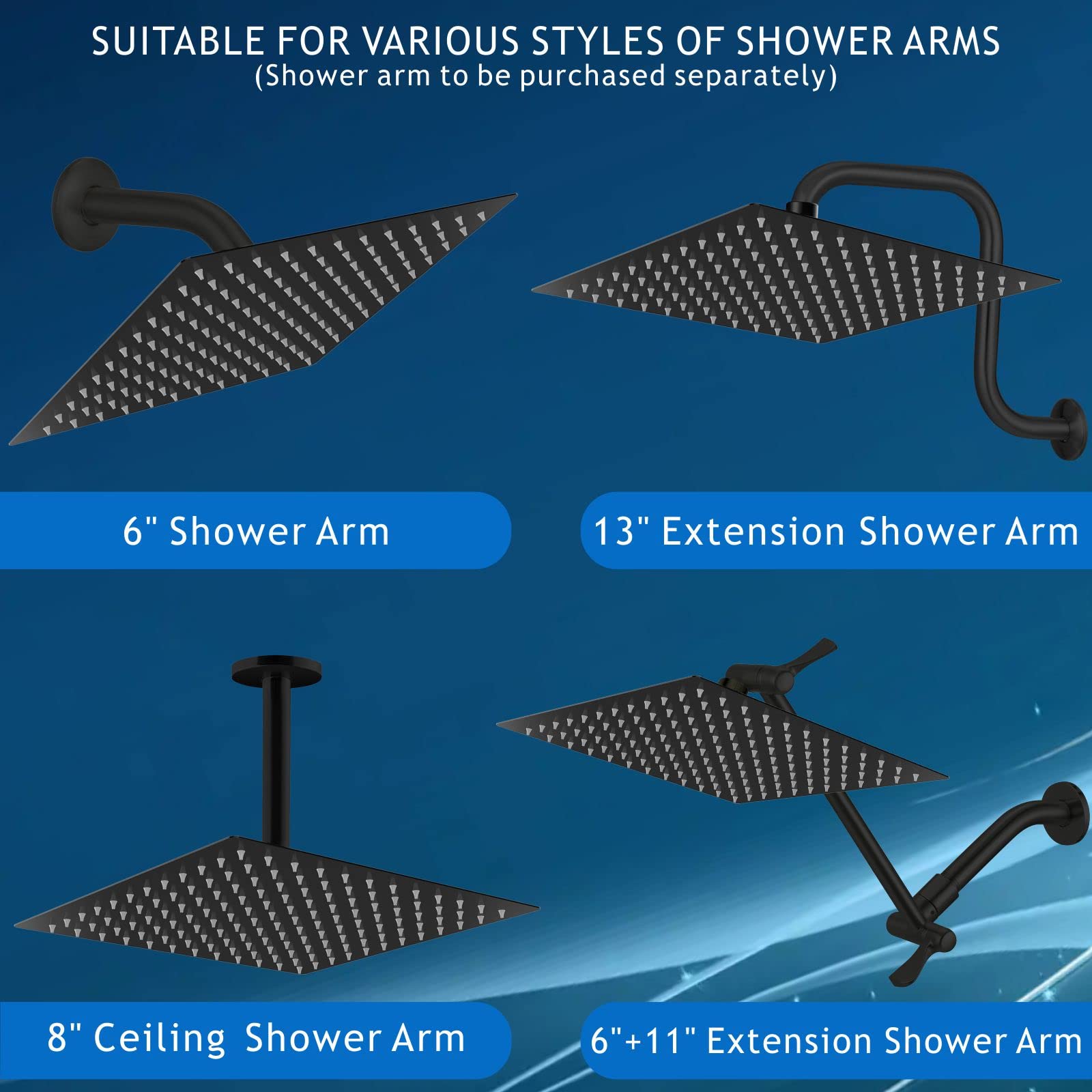Rain Shower Head - High Flow Large Rainfall Heads Made Of Stainless Steel Waterfall Bathroom Square Showerhead Ceiling Or Wall Mount (12" Black)
