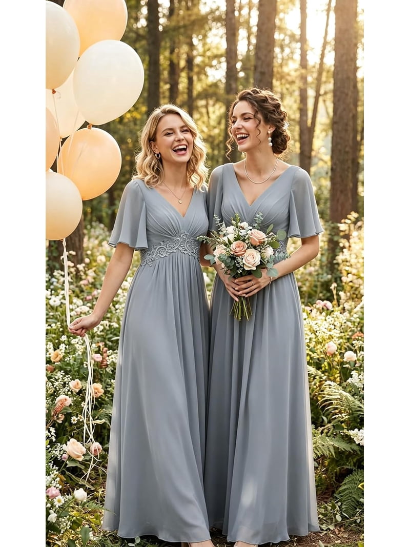 short chiffon bridesmaid dresses with sleeves LYQDRSS Women's Sleeve V Neck Ruffles Formal Evening Dress Zu144, Size: 16, Clear ideal for weddings and