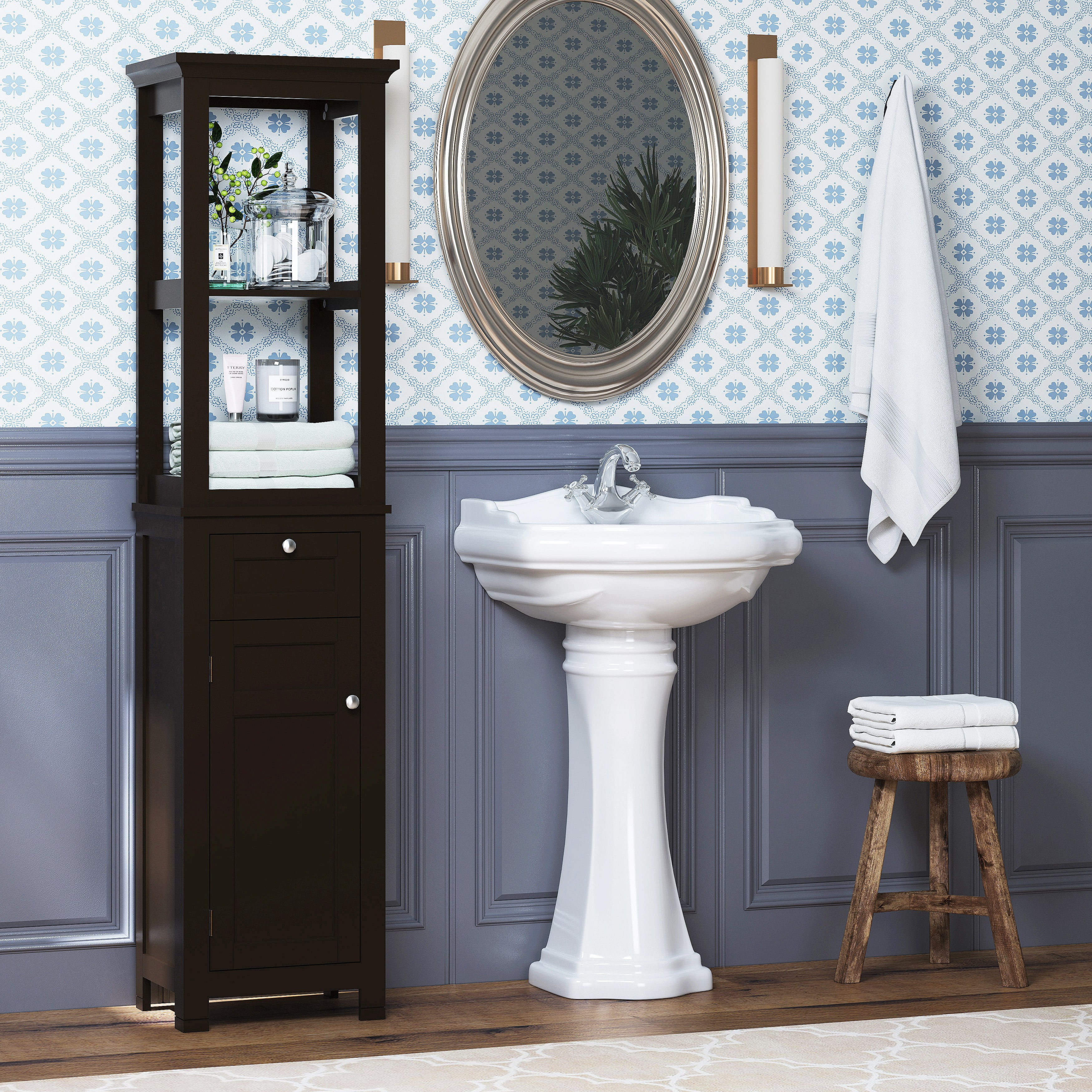 STAROUS Bathroom Freestanding Storage Cabinet with Two Tier Open Shelves, Tall Slim Cabinet with Door and Drawer, Free Standing Linen Tower (Espresso with Drawer)