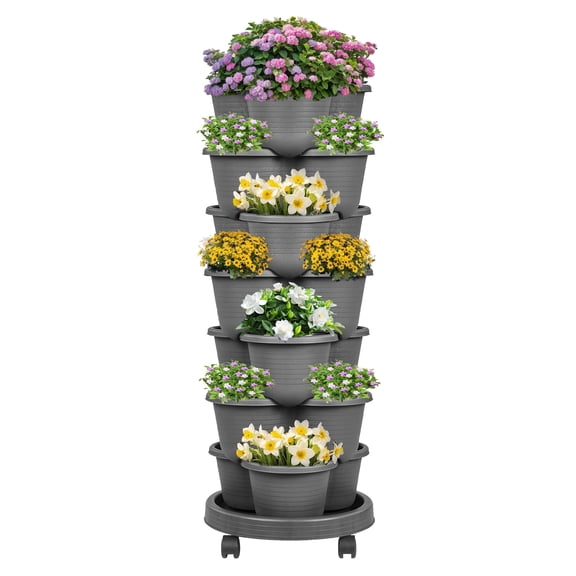 VECELO 7 Tiered Vertical Planters, Stackable Planters Garden Tower with Wheels and Support Pole, Stackable For Strawberries, Herb Vegetable Planters Indoor Outdoor, Dark Grey