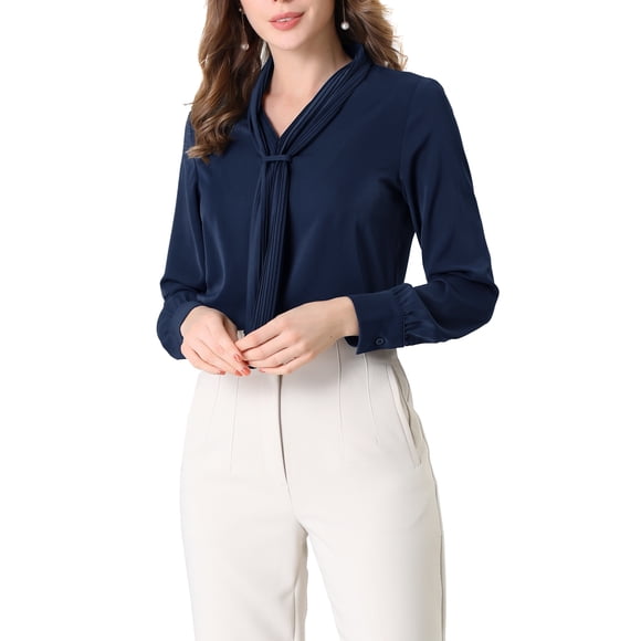 INSPIRAR CHIC Blusas de Manga Larga para Mujeres Chifón Plisado con Cuello de Lazo Camisa de Oficina 3XL Azul Marino