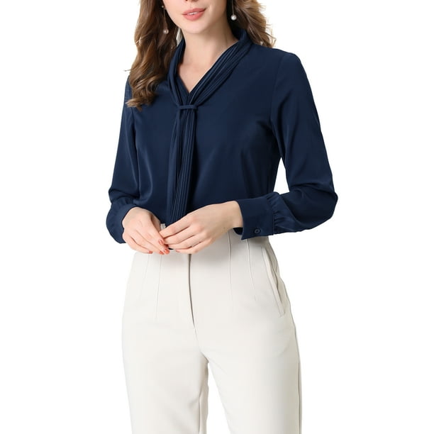 INSPIRAR CHIC Blusas de Manga Larga para Mujeres Chifón Plisado con Cuello de Lazo Camisa de Oficina 3XL Azul Marino