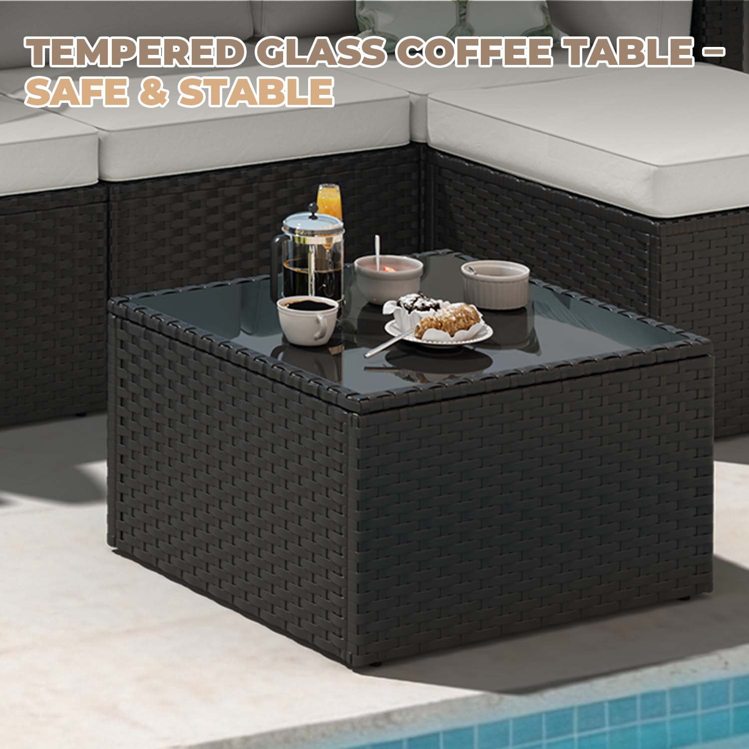 BaPiPro Modular Outdoor Wicker Patio Furniture Set with Tempered Glass Coffee Table & Removable All-Weather Cushions for Backyard, Poolside & Balcony Beige