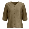 thumbnail image 5 of Womens Tops 3/4 Sleeve Cotton and Linen V Neck Embroidered Casual Loose Top Fashion Shirt, 5 of 6