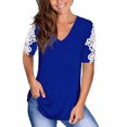 thumbnail image 1 of Blusa de manga corta con costuras de encaje, cuello en V, camisa clásica de color puro, verano para mujer, mujer, azul, L, 1 of 6