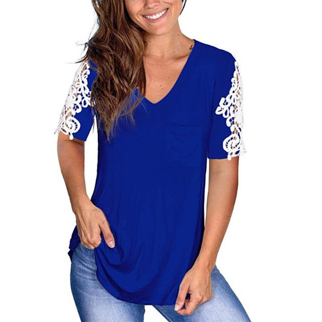 Blusa de manga corta con costuras de encaje, cuello en V, camisa clásica de color puro, verano para mujer, mujer, azul, L