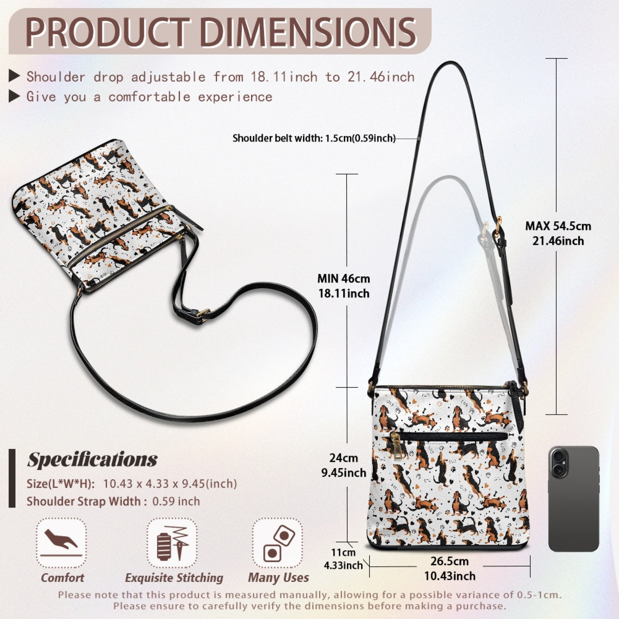 Kuiaobaty Dachshund Paw Print Crossbody bag for Women, Waterproof Vegan Leather Shoulder Handbag with Adjustable Strap, Roomy Multi Pockets Hobo Purse Crossbody for Travel