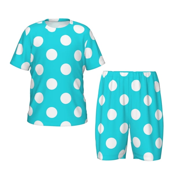 Balery Aqua And White Polka Dot Conjunto de Pijama Infantil de Manga Corta con Estampado – Ropa de Dormir de Algodón Suave-XX-Large