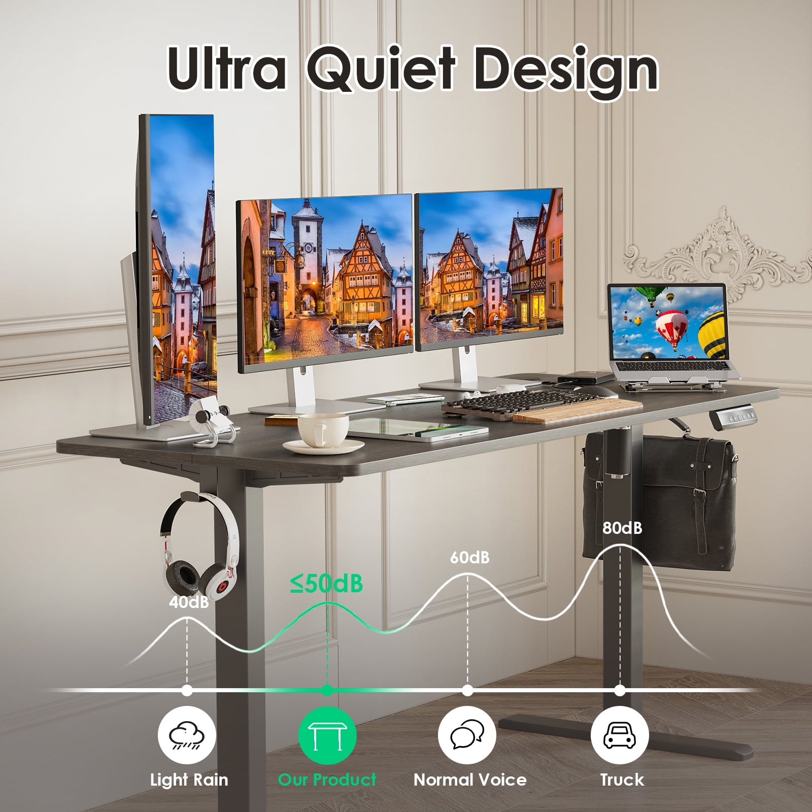 Farini Adjustable Standing Desk for Home Office, 55"x24" Electric Sit-Stand Desk with Splice Board, Walnut