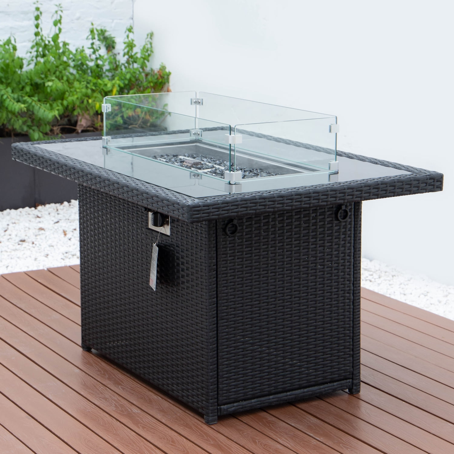 LeisureMod Wicker 55,000 BTU Fire Pit Table with Removable Lid and Tempered Glass Shield Propane Tank Storage for Modern Home, Patio, Backyard Garden Mace Collection in Black