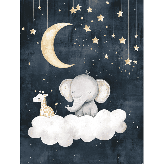 Elephant Giraffe Moon Stars Night Canvas Wall Art， Suitable for Bedroom， Living Room， Nursery， Kids Room， Playroom Decoration.