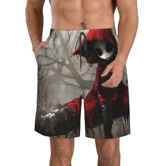 Fotbe Dark Red Hooded Girl Trajes de Baño Estampados para Hombre, Shorts de Verano de Secado Rápido, Ropa de Playa, Bañadores-Medium