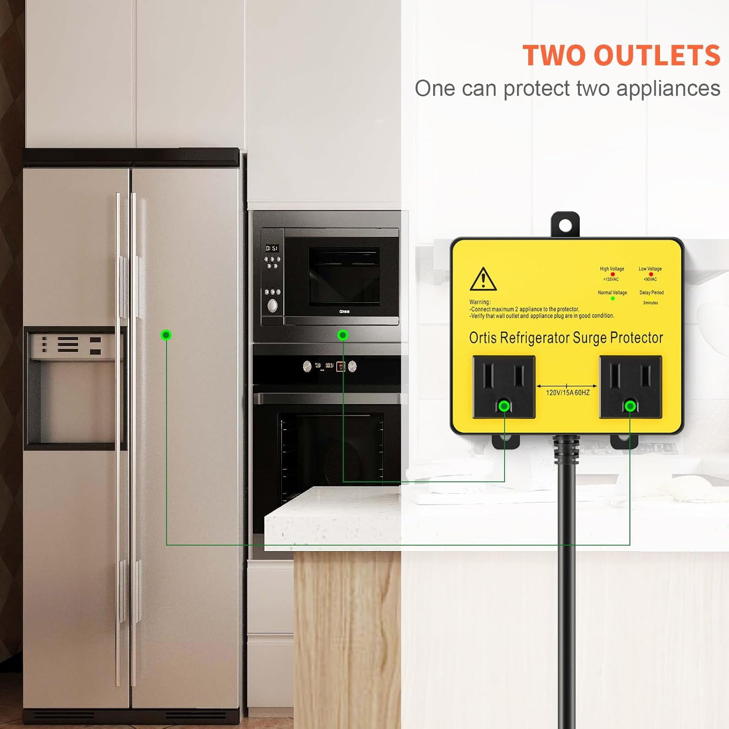 Refrigerator Surge Protector, Ortis Double Outlet RV Appliance Surge Protector with Time Delay & Real-Time Electricity Usage Monitor, Protects All Voltage Abnormalities, White