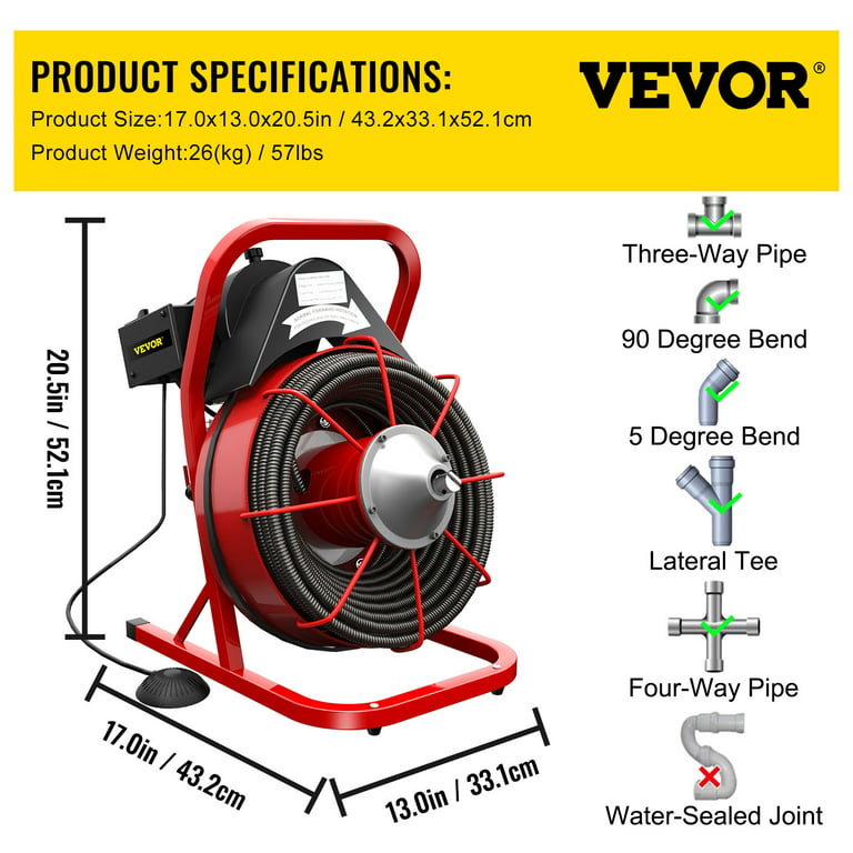 VEVOR 50ft x 1/2 Drain Cleaner 250 W Drain Cleaning Machine Sewer Clog w/ 5 Cutters