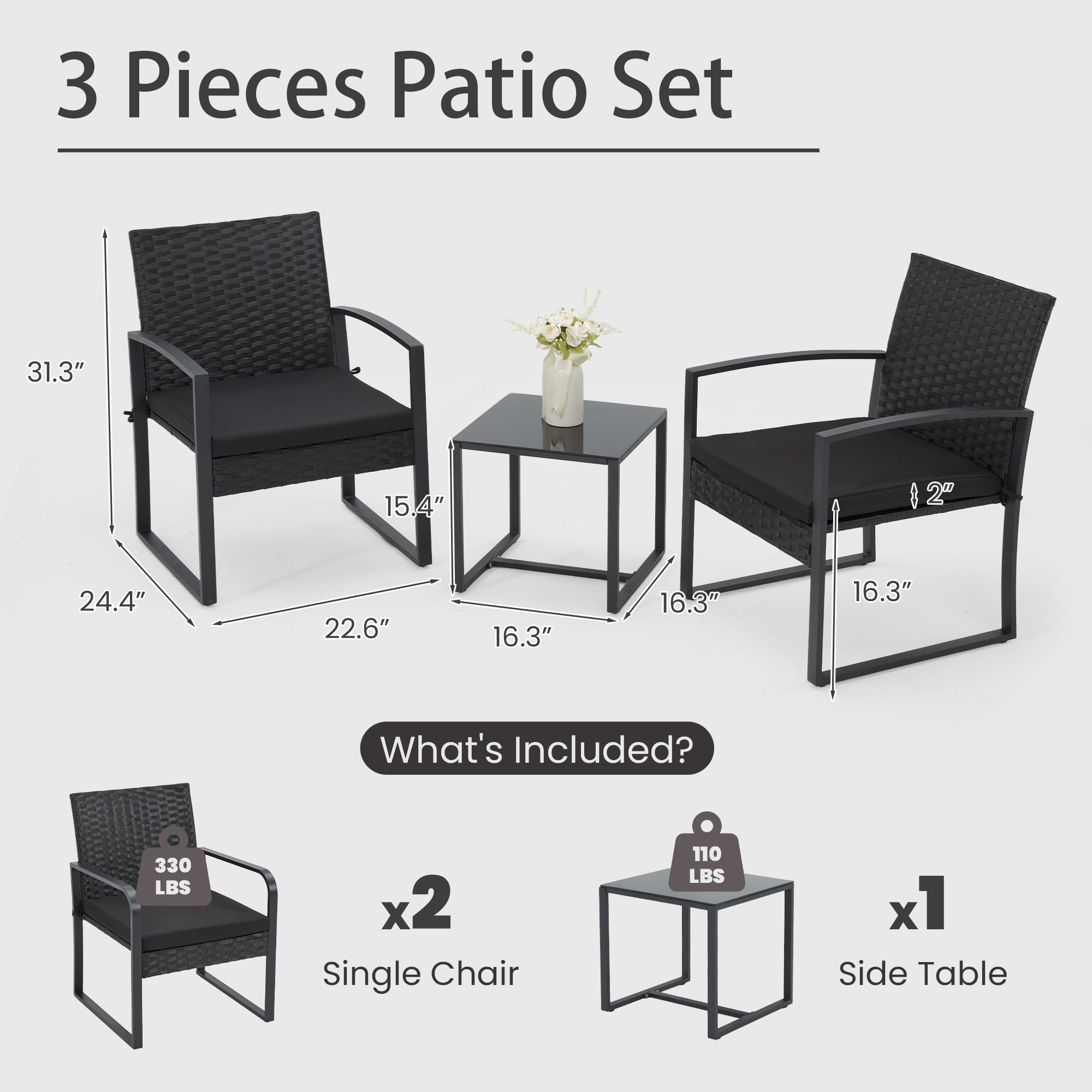 Bezseller 3-Piece Patio Bistro Set, Outdoor Rattan Furniture Set with Coffee Table, Ideal for Outdoor Use, Black
