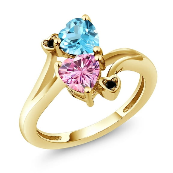 Gem Stone King 18K Yellow Gold Plated Silver Swiss Blue Topaz Pink Moissanite and Black Diamond Ring for Women (1.78 Cttw, Heart Shape 6MM, Gemstone November Birthstone, Size 8)
