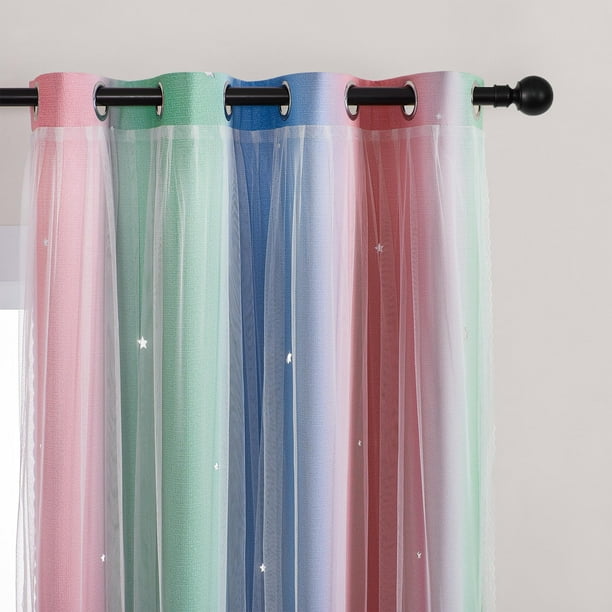 Cortina XiDi Rainbow con estampado de estrellas de doble capa, rosa, verde y azul