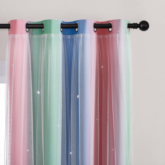 Cortina XiDi Rainbow con estampado de estrellas de doble capa, rosa, verde y azul
