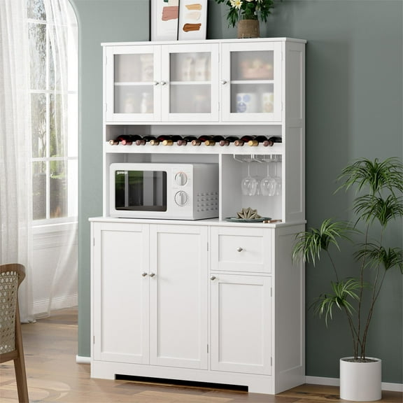 Homfa 6 Doors Large Pantry Cabinet with Microwave Shelf & Wine Rack, 70.9'' Kitchen Storage Cabinets for Dining Room, White