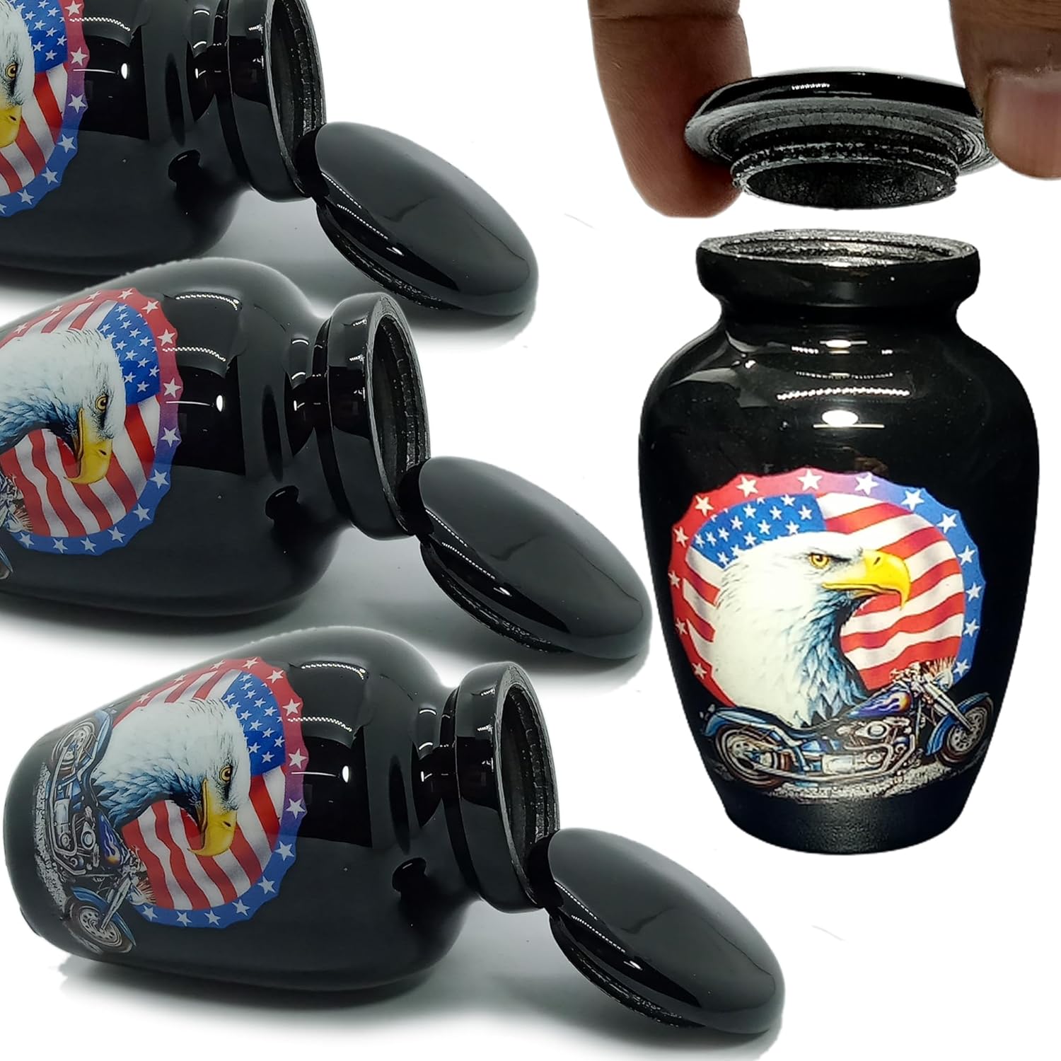 UR Keepsake Urn Set of 4- US Flag Eagle with Harley Davidson Bike Keepsake Cremation Urn for Human Ashes with Velvet Box & 4 Velvet Bag-Mini Keepsake Urn - Affordable Keepsake Urn (3 cu.in x 4pcs)
