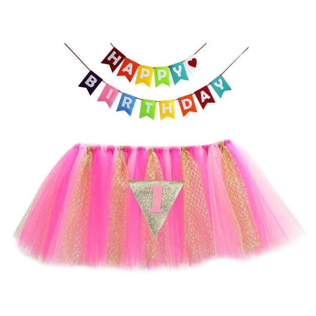 Decoración de cumpleaños para niños Sunnimix Tulle Tutú Rosa con Banner y guirnalda