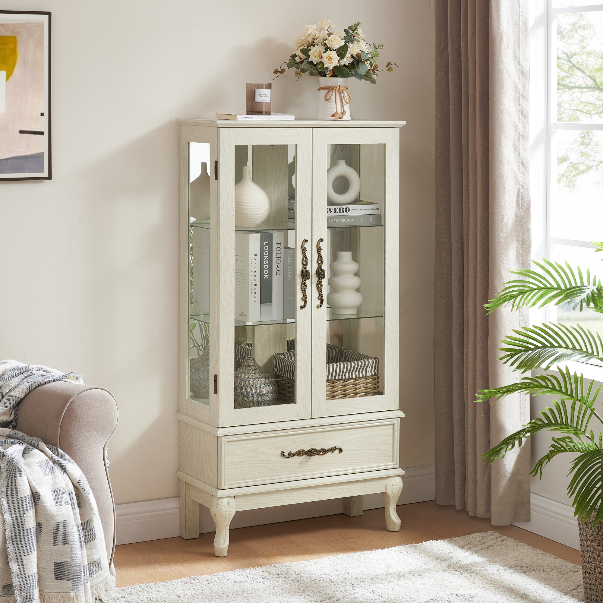 Leumius Curio Glass Cabinet, Glass Wine Cabinet Curio Display Cabinet with Adjustable Glass Shelves 2 Doors and 1 Drawer Cabinet Sideboard with Bulb Included for Home Decor White