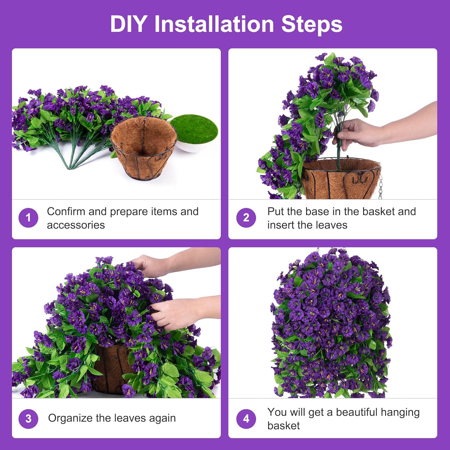 Artificial Faux Hanging Flowers Basket for Spring Outdoor Porch Decoration, Fake Silk Colorful Morning Glory Eucalyptus in Planter UV Resistant Look Real for Home Balcony Yard(Red Purple)