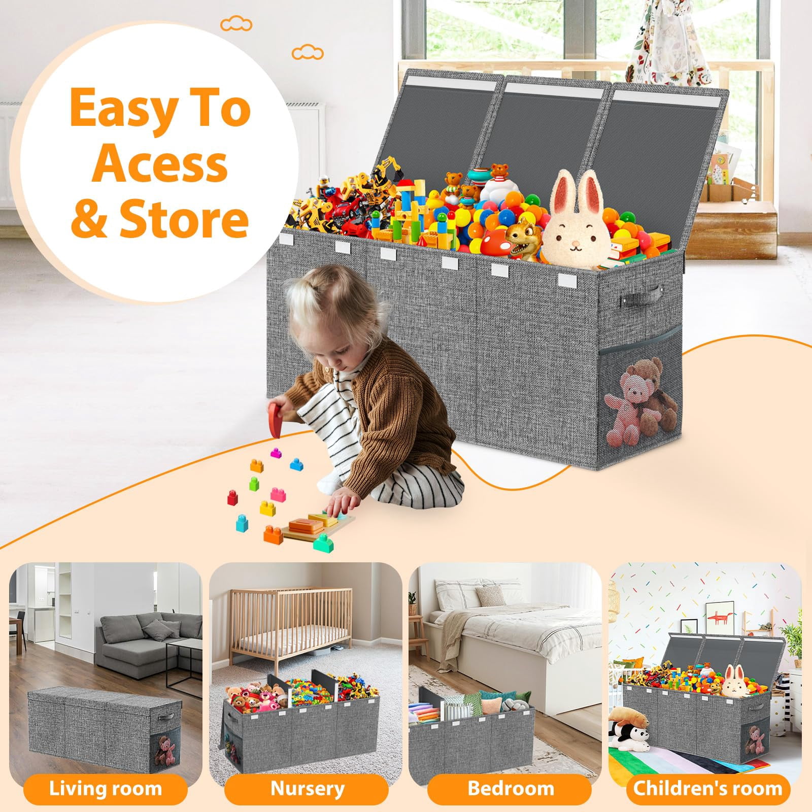 Extra Large Toy Box, Collapsible Sturdy Kids Toy Storage Storage Box with 2 Side bags and Removable Lids，large Toy Chest for Boys, Girls, Nursery, Living Room, Playroom,Gray