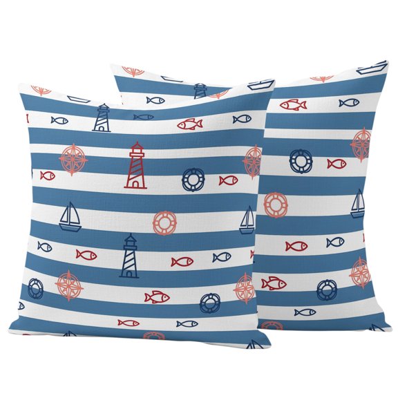 Coastal Nautical Stripe Outdoor Waterproof Pillow Covers, Ocean Lighthouse Fish Blue Striped Decorative Square Throw Pillowcase Sofa Cushion Sham for Patio/Couch/Chair, 16"x16" 2 Pack