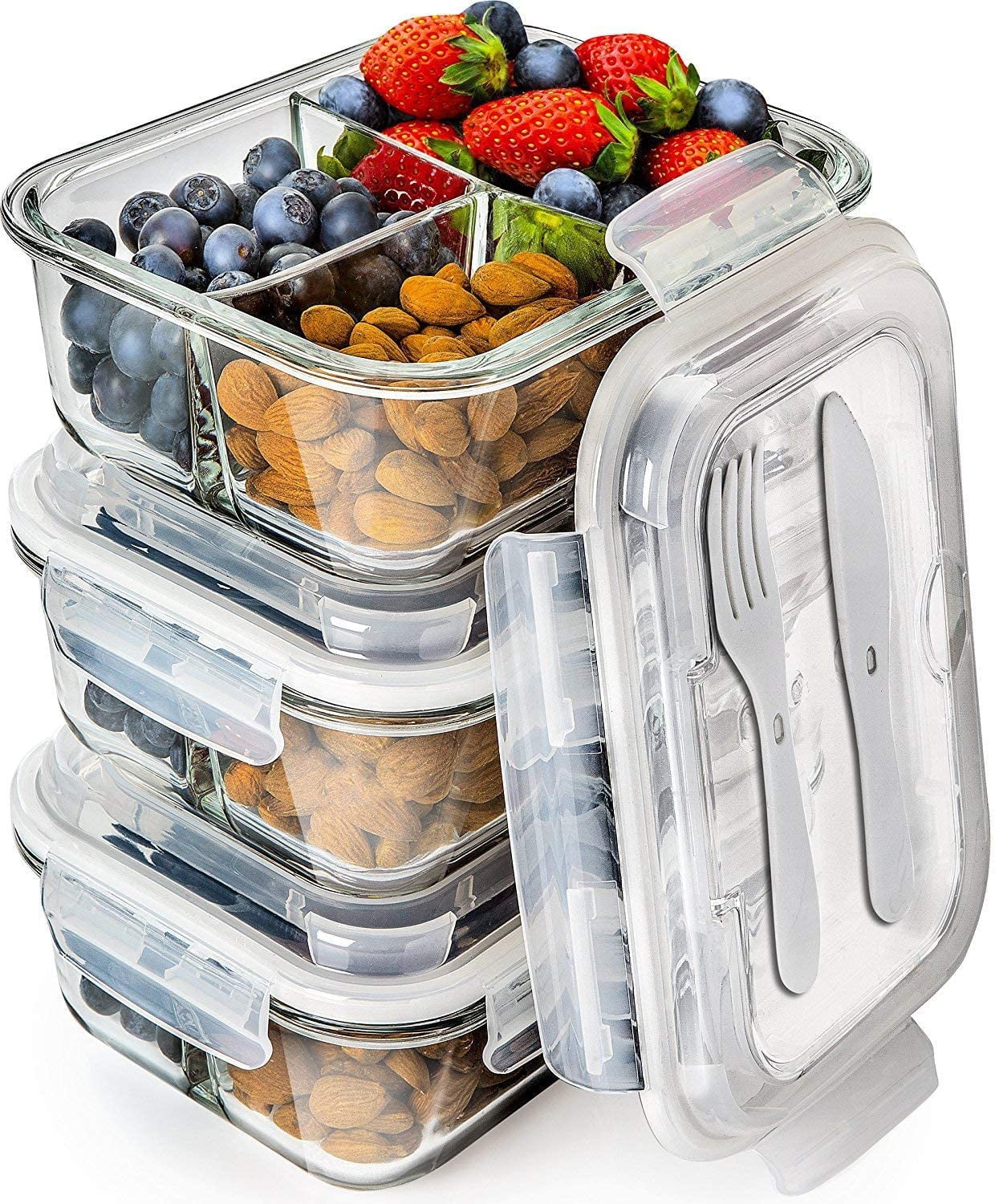 Clear Divided Lunch Container Bento Food Box 3-Compartment Airtight Storage 