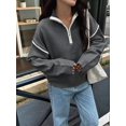 thumbnail image 2 of Womens Quarter Zip Pullover Sweaters Casual Collared V Neck Color Block Long Sleeve Loose Knit Fall Sweater Dark Gray L, 2 of 6